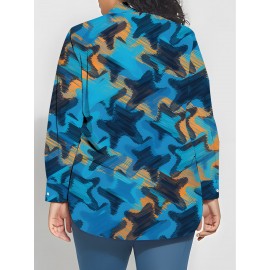 Plus Size Women'S Casual Long Sleeve Button-Up Shirt | Vibrant Abstract Print, Lightweight Stretchy Fabric, Perfect for Spring & Fall, Versatile for Casual Attire