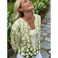 Plus Size Oversized Chunky Cardigan - Winter Warm White Lily & Lily-of-the-Valley Floral Print Jacket, Green Button-Front Sweater Coat, Machine Washable Casual Outerwear for Fall/Winter Layering (No Belt/Tie)