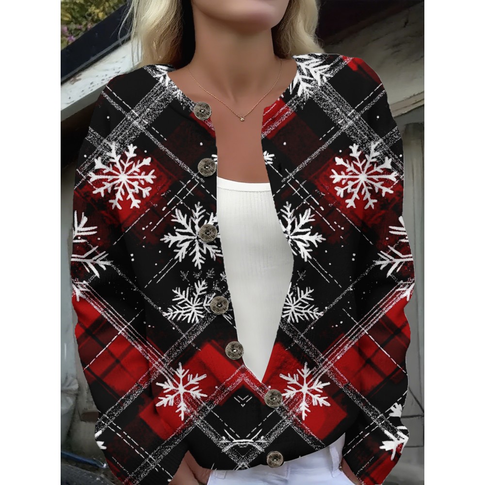 Women's Plus Size Red Black White Plaid Snowflake Cardigan - Faux Sweater Jacket with Golden-Tone Buttons, Winter Warm Coat for Christmas Parties, Layering Piece (Machine Washable) - All-Season Outerwear (Casual to Dressy)