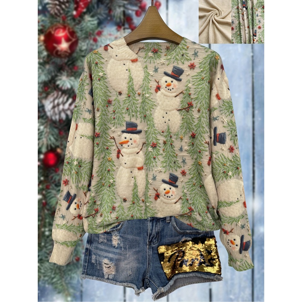 Women's Lightweight Winter Sweater - Full Snowman Print (Snowmen, Pine Trees, Holly) Long Sleeve Round Neck Sweater Coat Jacket-like | Machine Washable Cozy -Like Top for Christmas Parties, Casual Outfits & Holiday Events (No Belt