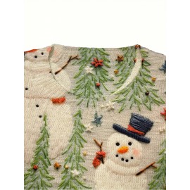 Women's Lightweight Winter Sweater - Full Snowman Print (Snowmen, Pine Trees, Holly) Long Sleeve Round Neck Sweater Coat Jacket-like | Machine Washable Cozy -Like Top for Christmas Parties, Casual Outfits & Holiday Events (No Belt
