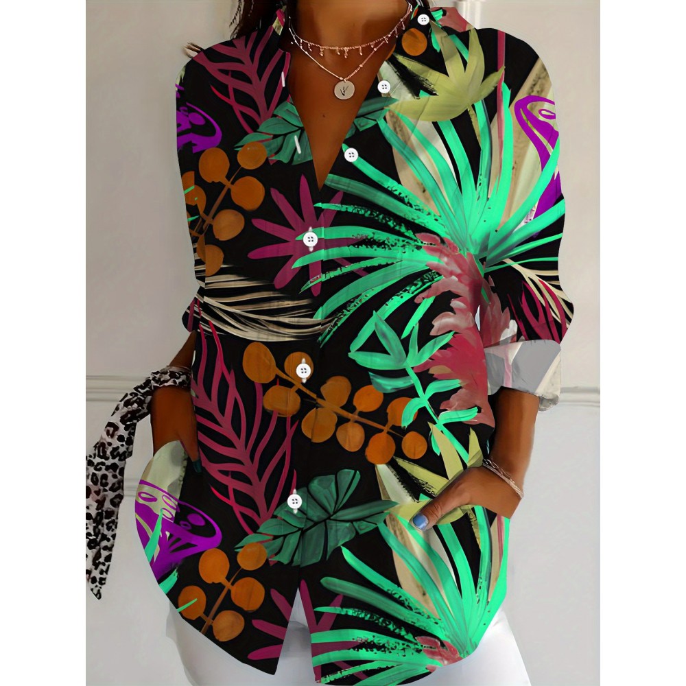 Plus Size - Plus Size, Plus Size Women's Long Sleeve Shirt with Tropical Print, Botanical Design, Mid-Length Casual 3D Colorful Top - Soft and Comfortable Light Beige-Friendly Base Layer for SpringAutumn, Versatile Top, Everyday Blouse, Botanical