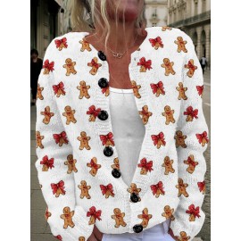 Women's Plus Size Gingerbread Men & Bows Cardigan Sweater - Cozy Stretchy Button-Front Closure, Long Sleeve Winter Sweaters with Gingerbread Print, Christmas Party Outfits, Casual to Semi-Formal Wear, Loose Fit Round Neck