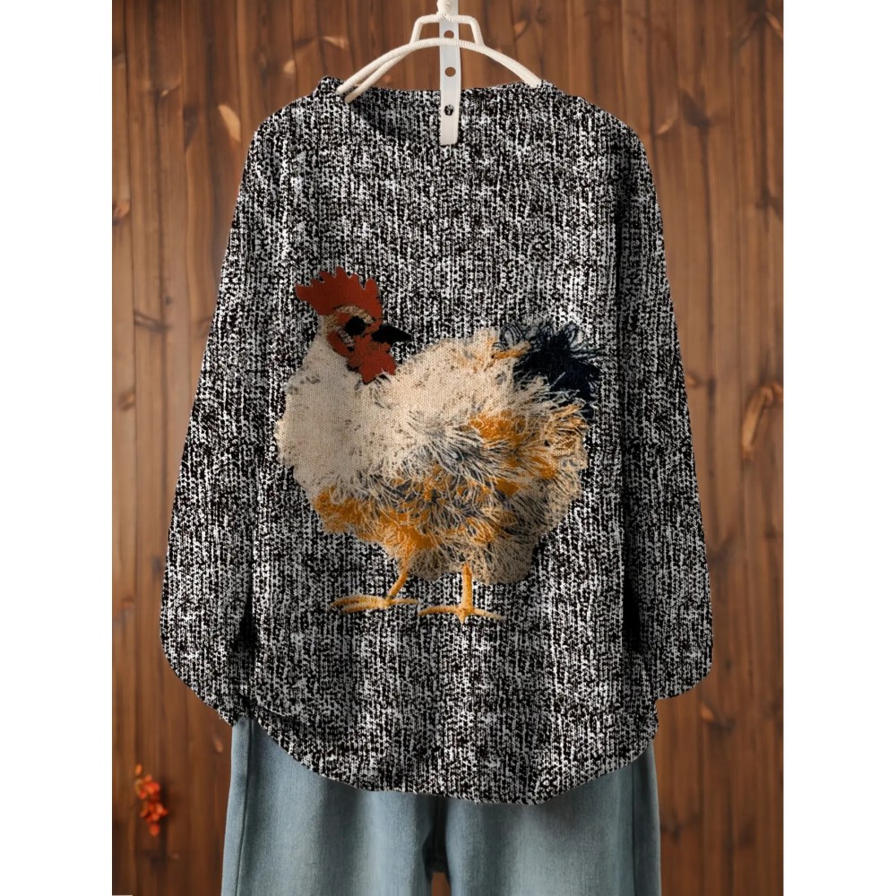 Women'S Plus Size Oversized Floral & Rooster Print Sweater - Soft Round Neck Long Sleeve Pullover Sweater, Cozy Loose Fit Casual Winter Sweater for Fall/Winter, Easy Care Everyday Sweater for Women (No Buttons/Zippers)