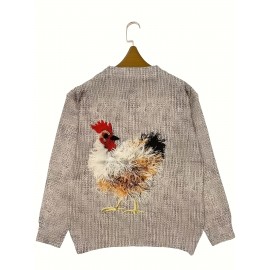 Women'S Plus Size Oversized Floral & Rooster Print Sweater - Soft Round Neck Long Sleeve Pullover Sweater, Cozy Loose Fit Casual Winter Sweater for Fall/Winter, Easy Care Everyday Sweater for Women (No Buttons/Zippers)