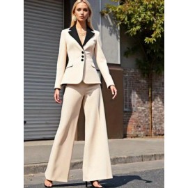Women's elegant beige contrasting black collar suit with waist design shows the figure, wide-leg pants are high, the workplace style is capable, the versatile high-end suit two-piece suit is suitable for business occasions and workplace commuting, Suits for Women, Pants Suits for Women Elegant Classy, Womens Pant Suit Set, Ladies Suits for Women, Womens Suits, Professional Outfit, Business Attire, Elegant Suit, Stylish Blazer, Highquality Tailoring, Structured Design,