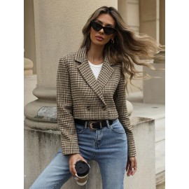 Women'S Houndstooth Blazer Jacket - Elegant Office to Party Coat, Structured H-Silhouette Blazer for Fall/Winter, Button-Front Closure, Professional & Formal Events - Women'S Business Jacket, Winter Outerwear, Stylish Outerwear, Durable Fabric