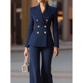 Women's Summer Suit Set, Loose Fit, Wide - leg Trousers Design, Decorated with Metal Buttons, Trendy and Versatile, Suitable for Weekend Outings/ Friends' Gatherings/ Shopping, Must - have for Casual Fashion