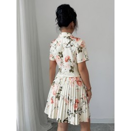 Printed Short Sleeve Pleated A-Line Elegant Romantic Women Suit Set