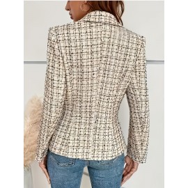 Women'S Elegant Blazer Jacket - Loose Fit Long Sleeve Button-Front Coat, & Brown Checkered Pattern, Structured Non-Stretch Fabric for Professional Casual Wear, Fall/Winter Office & Party Outerwear, Ladies Blazers
