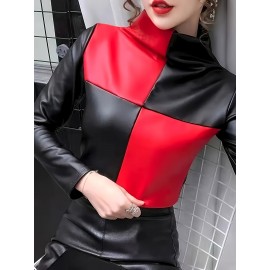 Women's Elegant -like Stretch Turtleneck Blazer Jacket-Like Top - Burgundy/Black/White/Gray Color Block H-Line Silhouette, Long Sleeve Shirt for Daily & Party Wear, Spring Summer Fall (No Chest Padding, Non-)