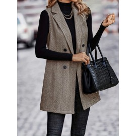 Women'S Herringbone Pattern Double-Breasted Lapel Vest Suit Jacket - Sleeveless H-Line Silhouette with Structured Lapel Collar, Beltless Waist & Knee-Length Design for Spring Summer Fall, Casual to Semi-Formal Outfits - Versatile Outerwear for Jeans to Dresses (No Belt Included)