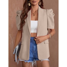 Women'S Chic Beige Lantern Sleeve Blazer - Short Sleeve, Double-Breasted Jacket with Faux Pockets, Casual Yet Elegant Polyester Outerwear for Spring & Summe