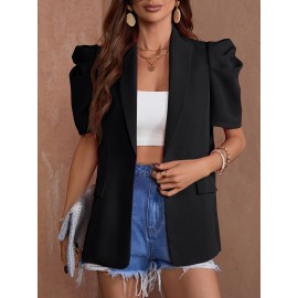 Women'S Chic Beige Lantern Sleeve Blazer - Short Sleeve, Double-Breasted Jacket with Faux Pockets, Casual Yet Elegant Polyester Outerwear for Spring & Summe