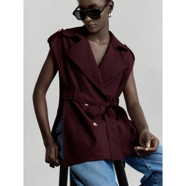 Women's Sleeveless Blazer Coat - Belted Lapel Collar H-Line Tailored Jacket, Beige/Brown/Black/Navy/Gray, Machine Washable All-Season Office Wedding Party Uniform, Structured Lapel Lapel Suit Outerwear