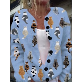 [Playful Design] Plus Size - Women's Lightweight Sweater Jacket - Pastel Pink With Black & White Animal Print, Button-Front Closure, Non-Bulky Long Sleeve Cardigan For Fall/Winter, Everyday & Formal Outfits - Position BK 052032, Fall Fashion, Playful Design, Comfortable Fit, Stylish Outerwear, Fashion Lovers, Cat Cardigan/Sweater For Women, Cardigan For Curvy Women, Curve Cat Print, Cardigans Women Good Quality, Vest Woman Large Size With Sleeve