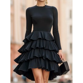 Women'S Elegant Solid Black A-Line Layered Hem Tunic Dress with Puffed Sleeve-like Effect - Structured Fitted Top & Flowing Skirt, Floor-Length or Above-Knee Length, Machine Washable Formal Party Wedding Gala Dress for Spring/Fall, Round Neck Long Sleeve Elegant Party Dress for Women, Wedding Dresses for Women, Formal Dress, Elegant Classy Dresses for Women, Wedding Dress, Dresses for Women Elegant Classy, Highquality Fabric, Smooth Texture Dress, Long Sleeve Dresse For Women, Women