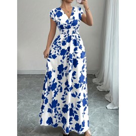 Elegant Pink Floral Maxi Dress with V-Neck and Short Sleeves - Flowing A-Line Silhouette, Cinched Waist, Perfect for Spring/Fall, Casual to Formal Wear, Casual Elegant Wear | Floral Print Dress | Cinched Waist Design