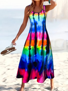 [Tie-Dye Beach Dress] Vibrant Tie-Dye Print Women's Sleeveless Dress | Lightweight Breathable Round Neck, Machine Washable, Spring Summer Beach Vacation Casual Outfit - Blue Yellow Pink Purple on Black Background Fabric
