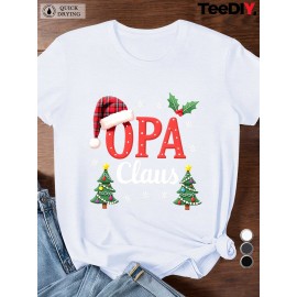 Women'S Plus Size Opa Claus Christmas Greek-Themed Santa Hat & Tree Graphic T-Shirt - Short Sleeve Casual Round Neck Holiday Party Top with Greek Lettering, All-Season Fit for Greek Orthodox Christmas Celebrations & Casual Attire - Festive Red & Gre