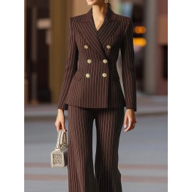 Women's Summer Suit Set, Loose Fit, Wide - leg Trousers Design, Decorated with Metal Buttons, Trendy and Versatile, Suitable for Weekend Outings/ Friends' Gatherings/ Shopping, Must - have for Casual Fashion